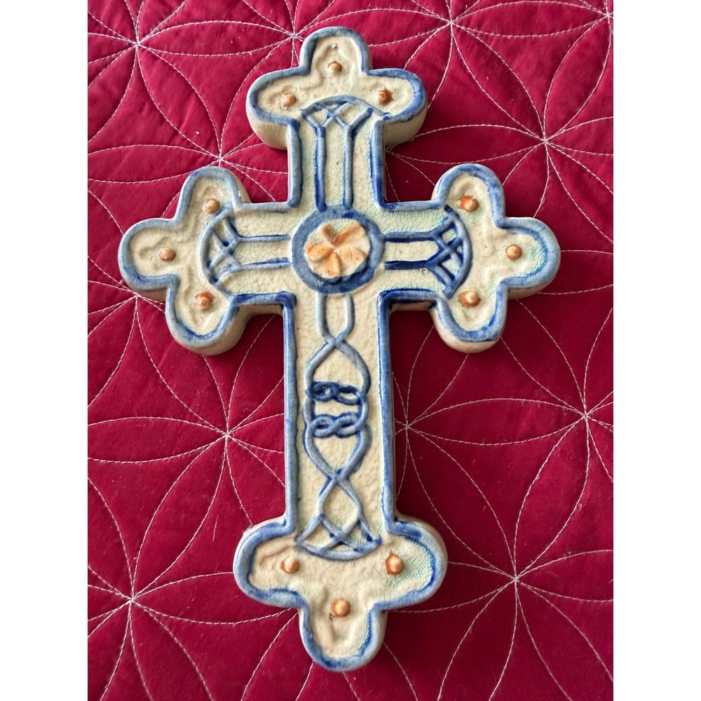 Handmade Ceramic Wall Cross Blue Orange Crackle Glaze Celtic Knot Decor